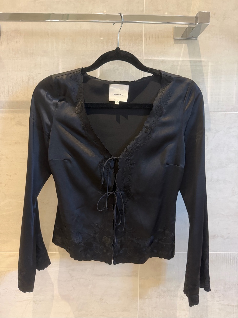 Reformation Black Satin Tie-Front Lace-Trim Top - Picture 1 of 5